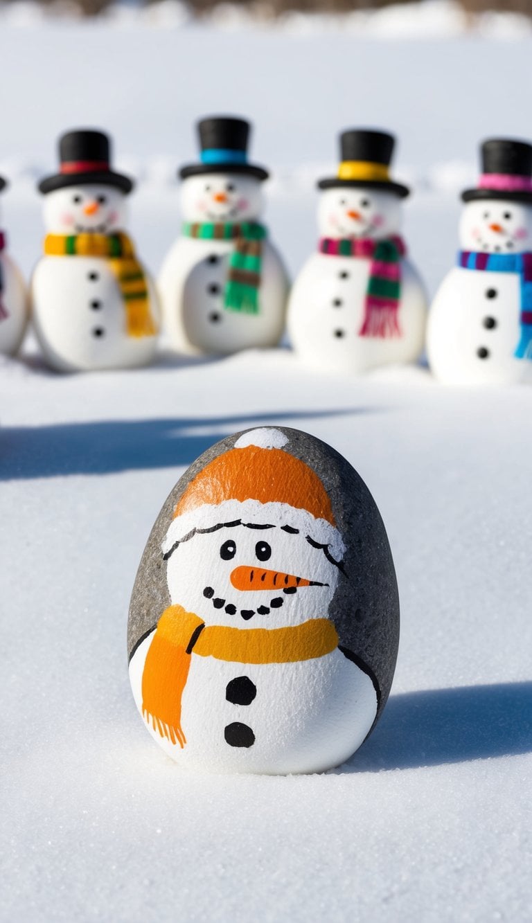 A group of snowman rocks arranged in a snowy landscape, some with carrot noses and coal eyes, others adorned with colorful scarves and hats