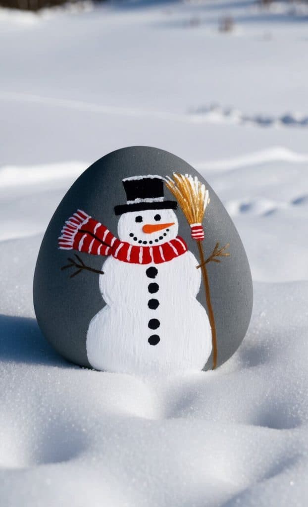 A gray rock painted with a snowman wearing a black hat, red scarf, and holding a broom stands on snow-covered ground under a clear sky.