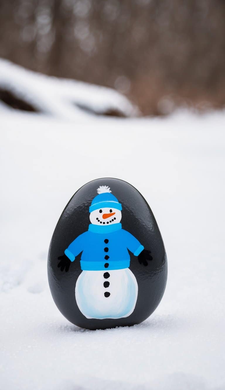 A snowman wearing a blue sweater stands in a snowy landscape