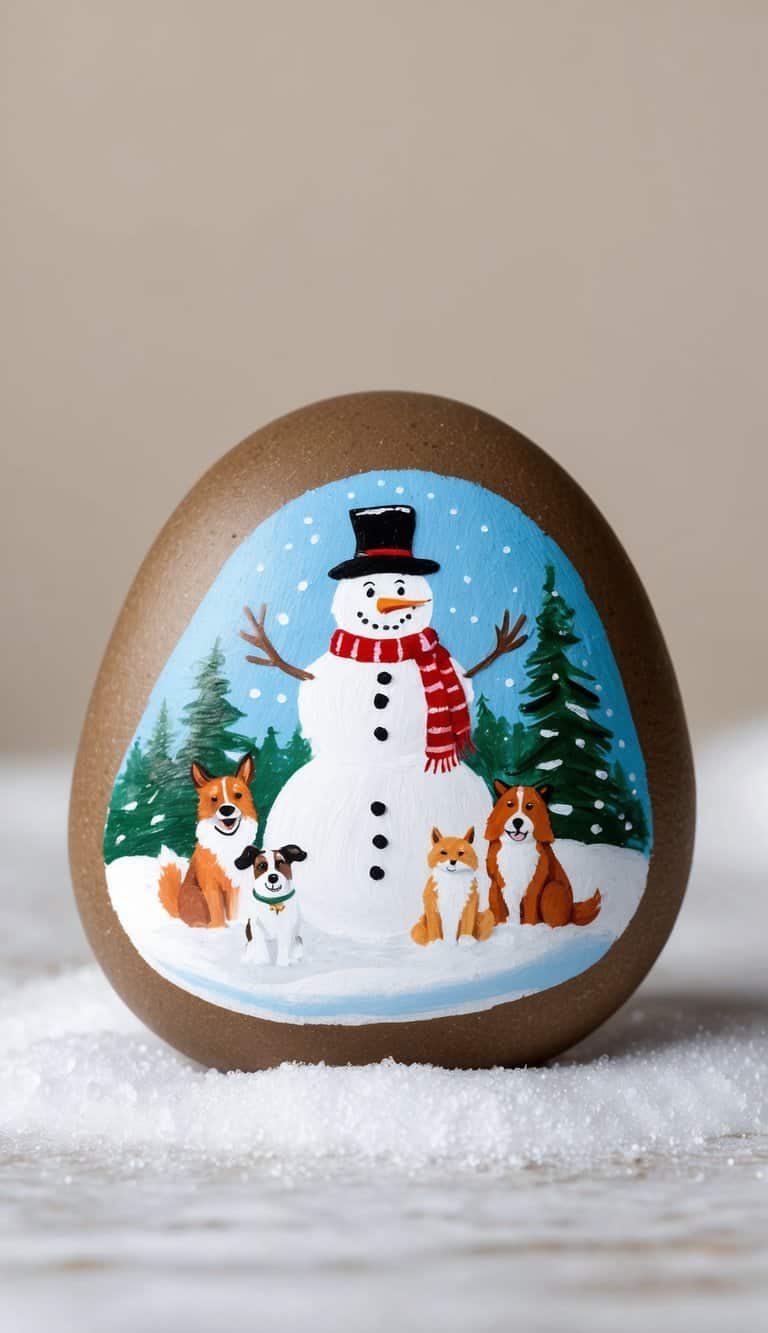 A snowman surrounded by friendly animals in a snowy landscape