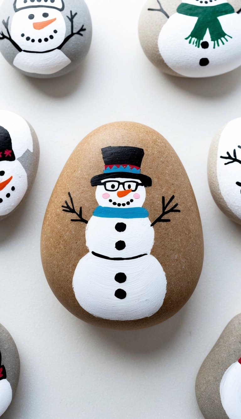 A retro snowman with glasses stands surrounded by snow-covered rocks, each painted with unique snowman designs