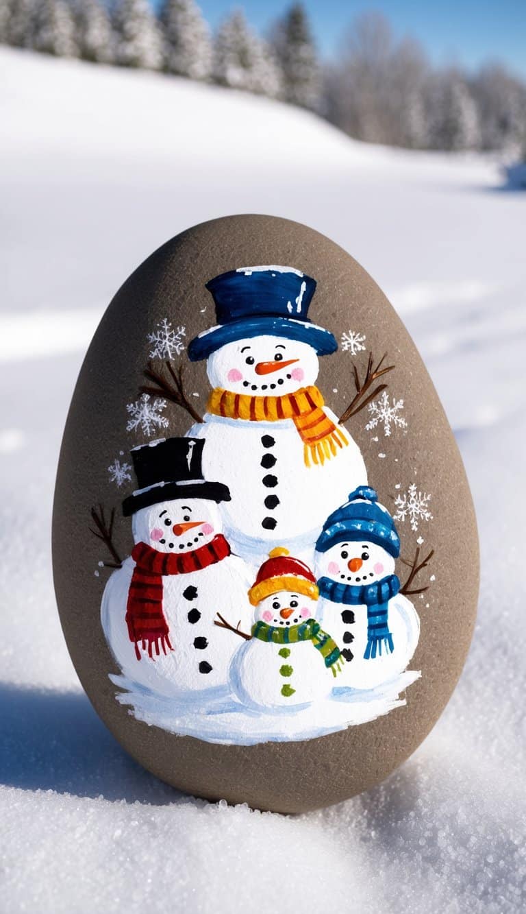 A snowman family portrait with various sizes and styles, surrounded by snowy landscape and a cozy winter atmosphere