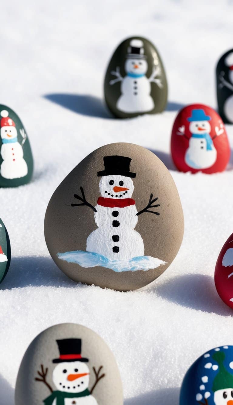 A snowman with stick arms stands in a snowy landscape, surrounded by other painted rocks depicting various snowman designs