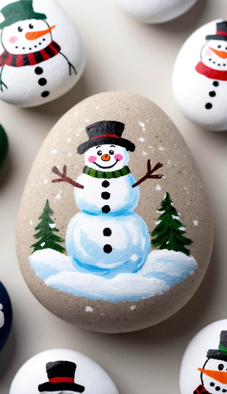 A snowman happily playing in the snow, surrounded by painted rocks featuring various snowman designs