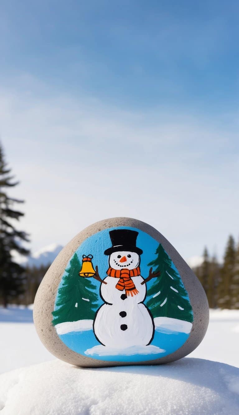 A cheerful snowman with a bell stands in a snowy landscape, surrounded by pine trees and a clear blue sky