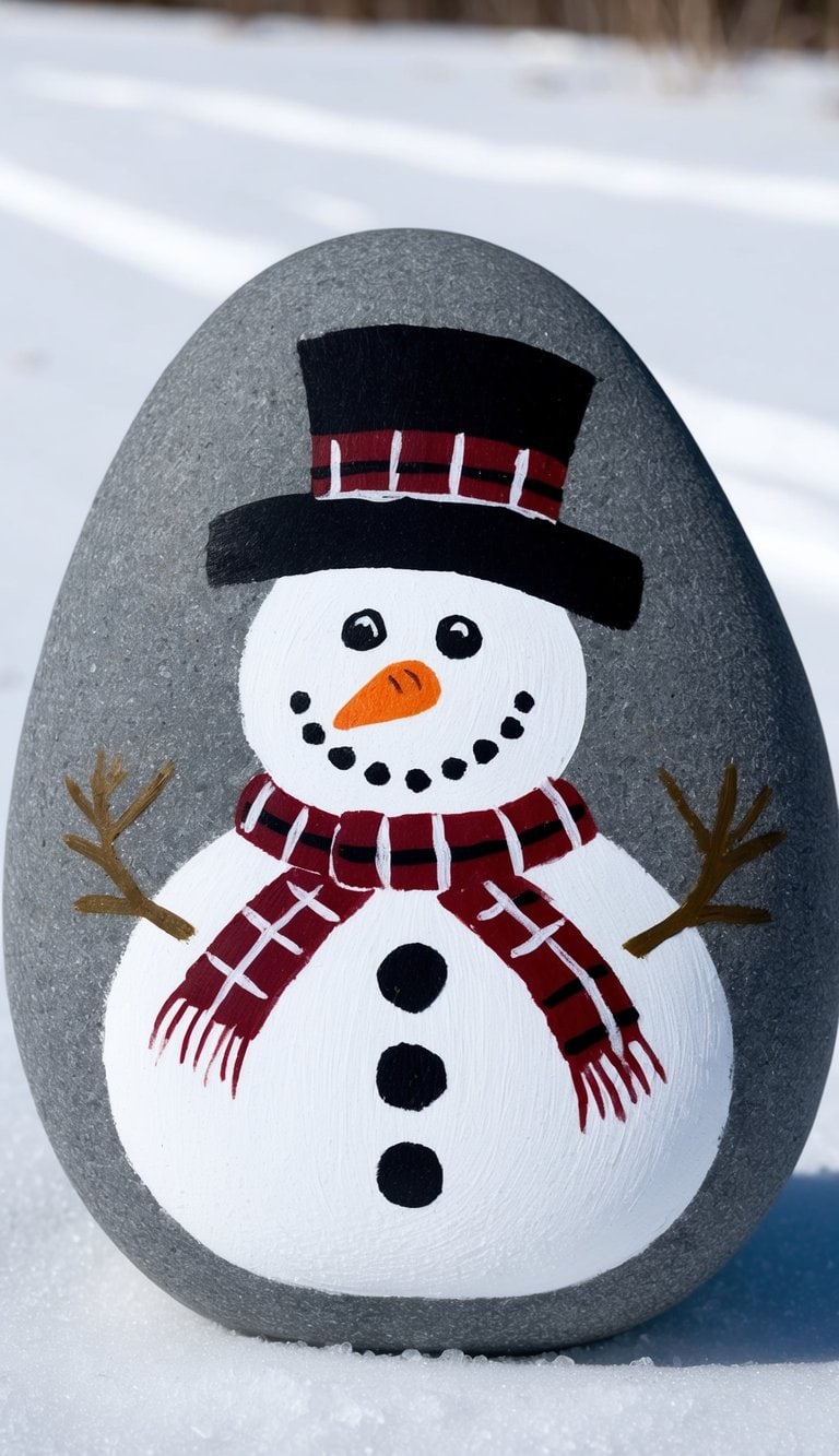 A snowman wearing a tartan hat stands on a snowy landscape, with a carrot nose and coal eyes and mouth