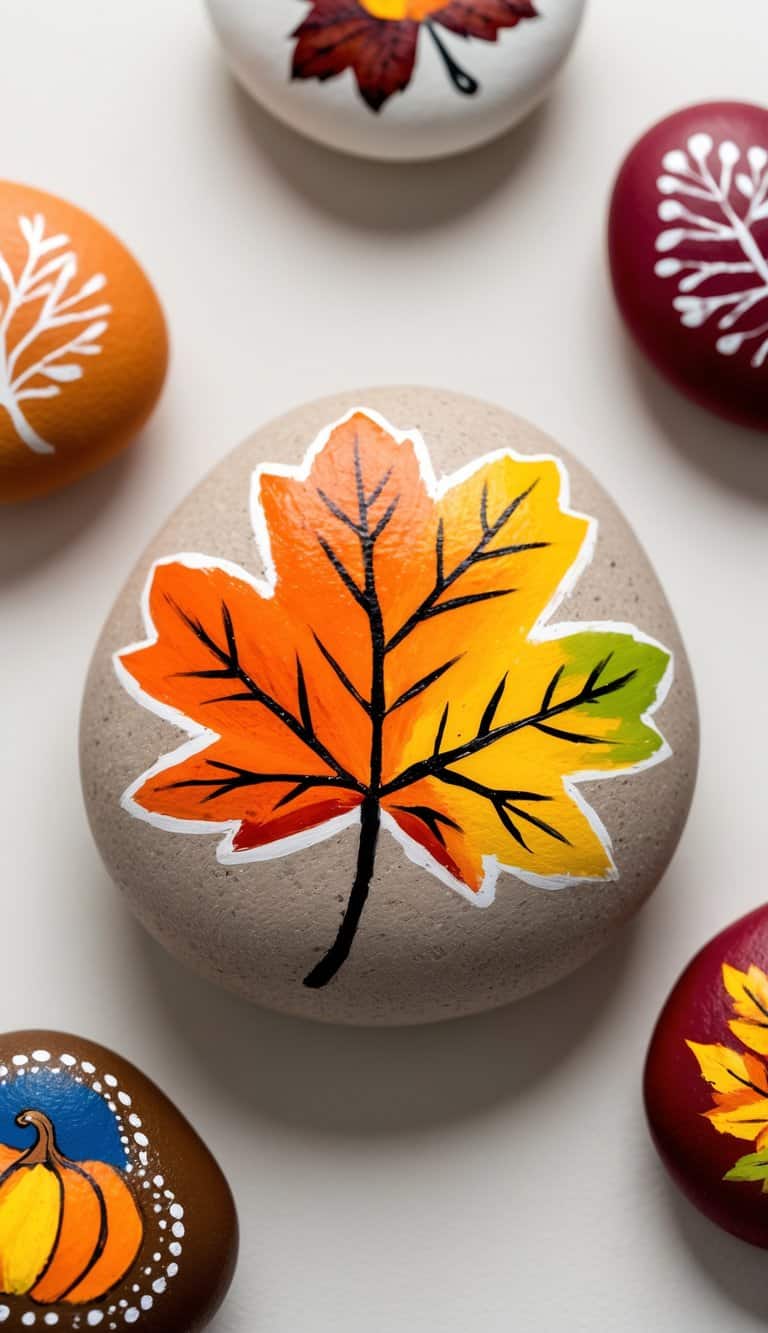 A colorful fall leaf painted rock surrounded by other Thanksgiving themed painted rocks