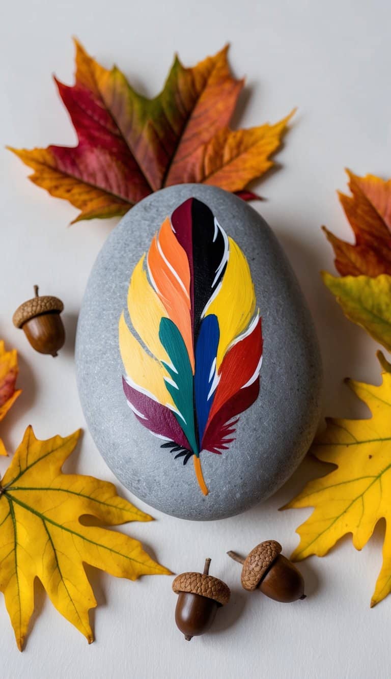 A colorful turkey feather design painted on a smooth rock, surrounded by autumn leaves and acorns