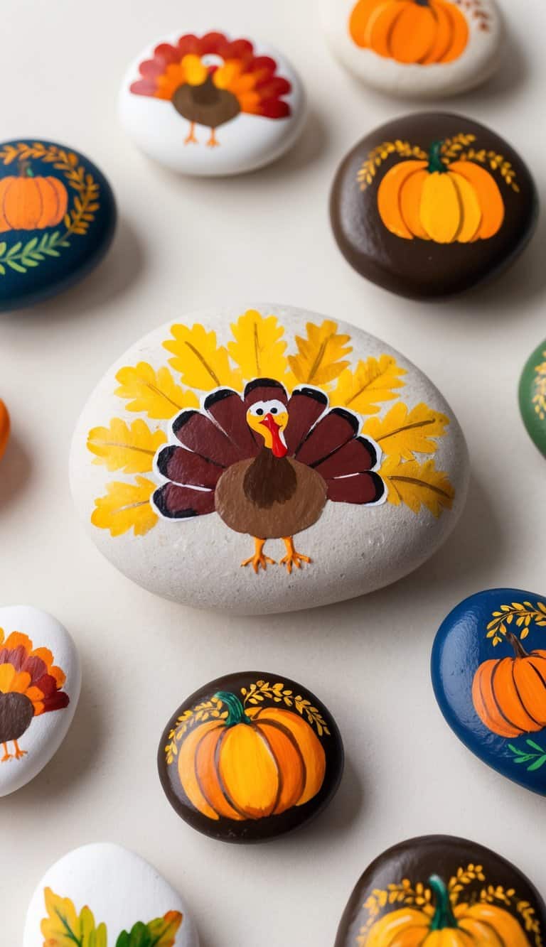A collection of painted rocks with Thanksgiving themes, featuring images of turkeys, pumpkins, cornucopias, and other symbols of gratitude and abundance