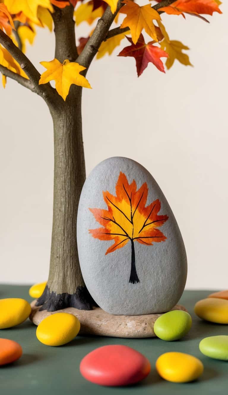 A tree with colorful leaves and painted rocks at its base, symbolizing gratitude and thanksgiving