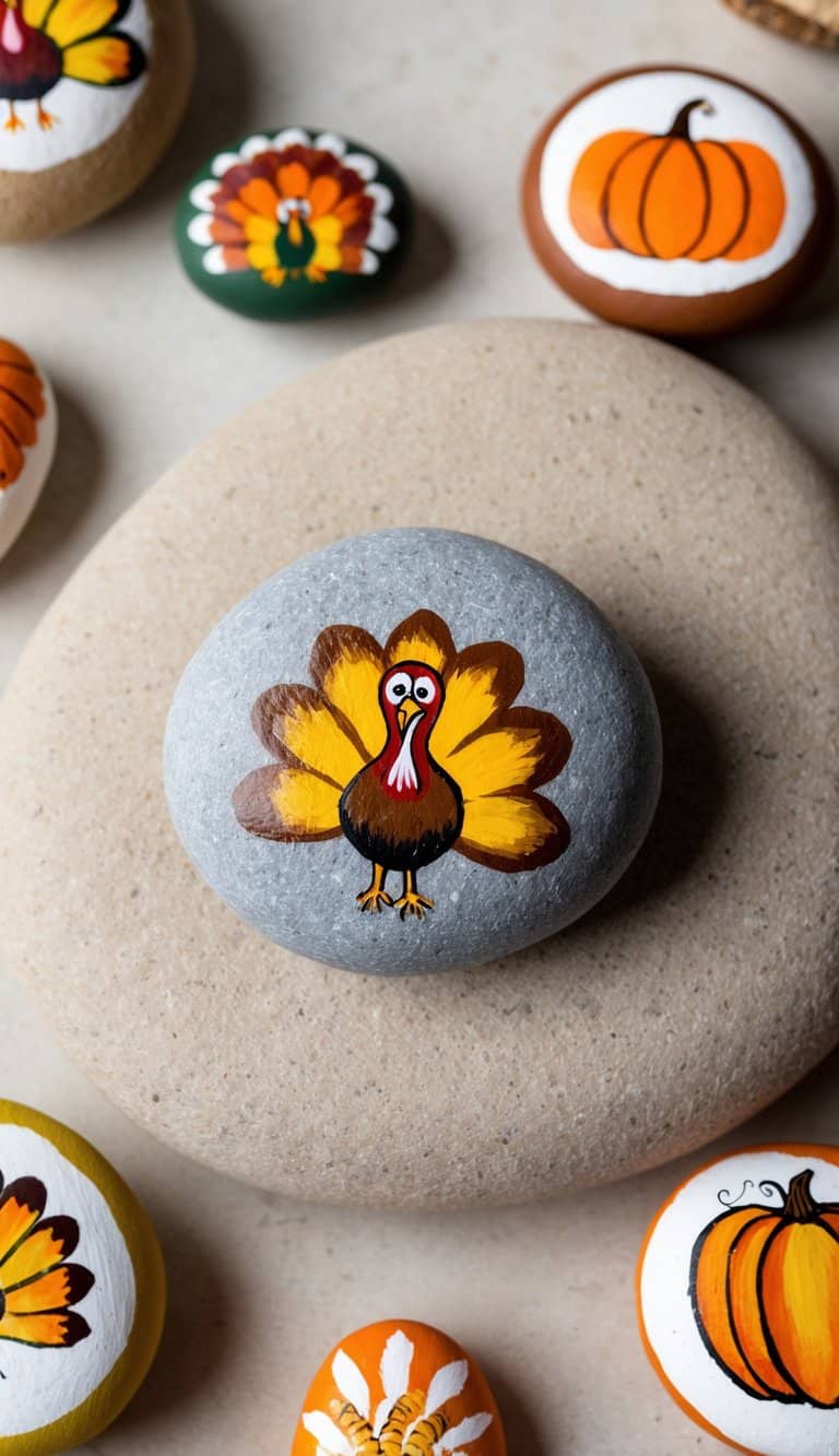A collection of painted rocks with Thanksgiving themes, including turkeys, pumpkins, and cornucopias, displayed on a natural rock surface