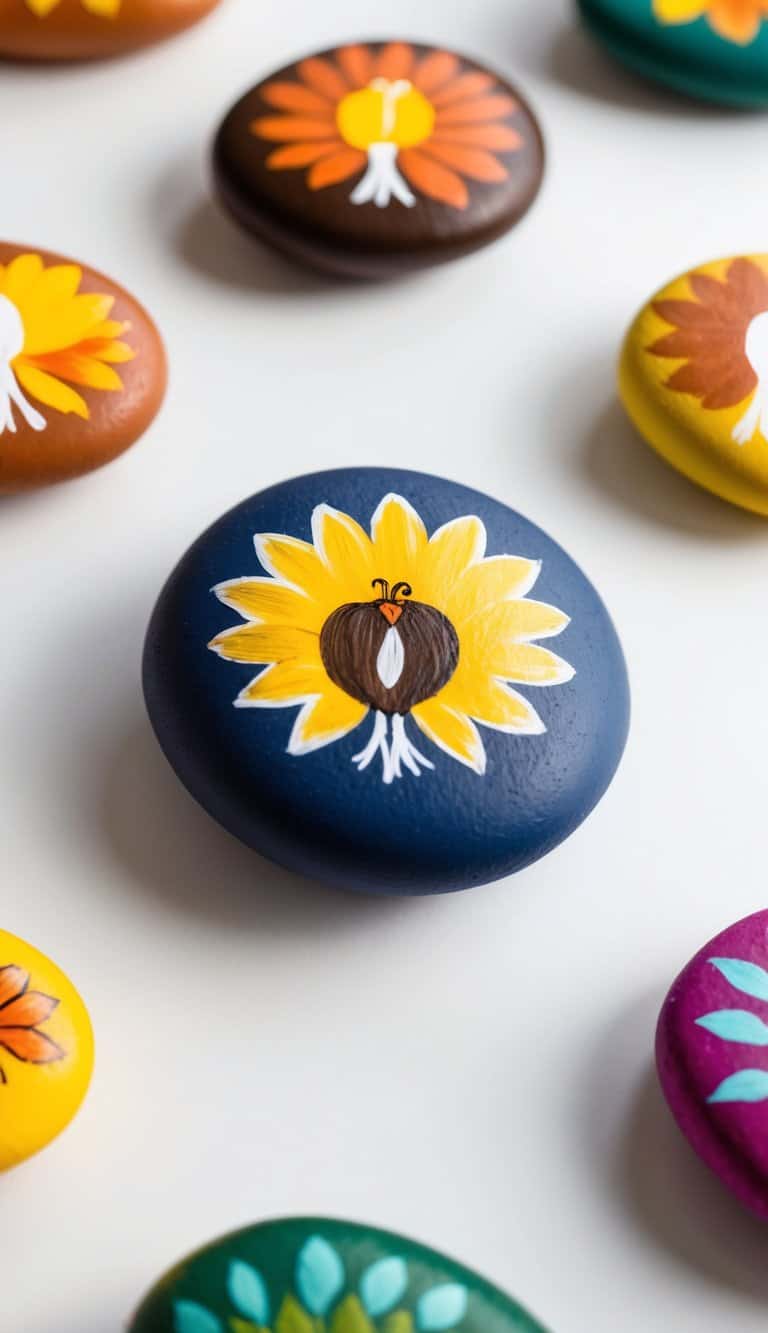 A collection of colorful painted rocks with Thanksgiving themes arranged on a table