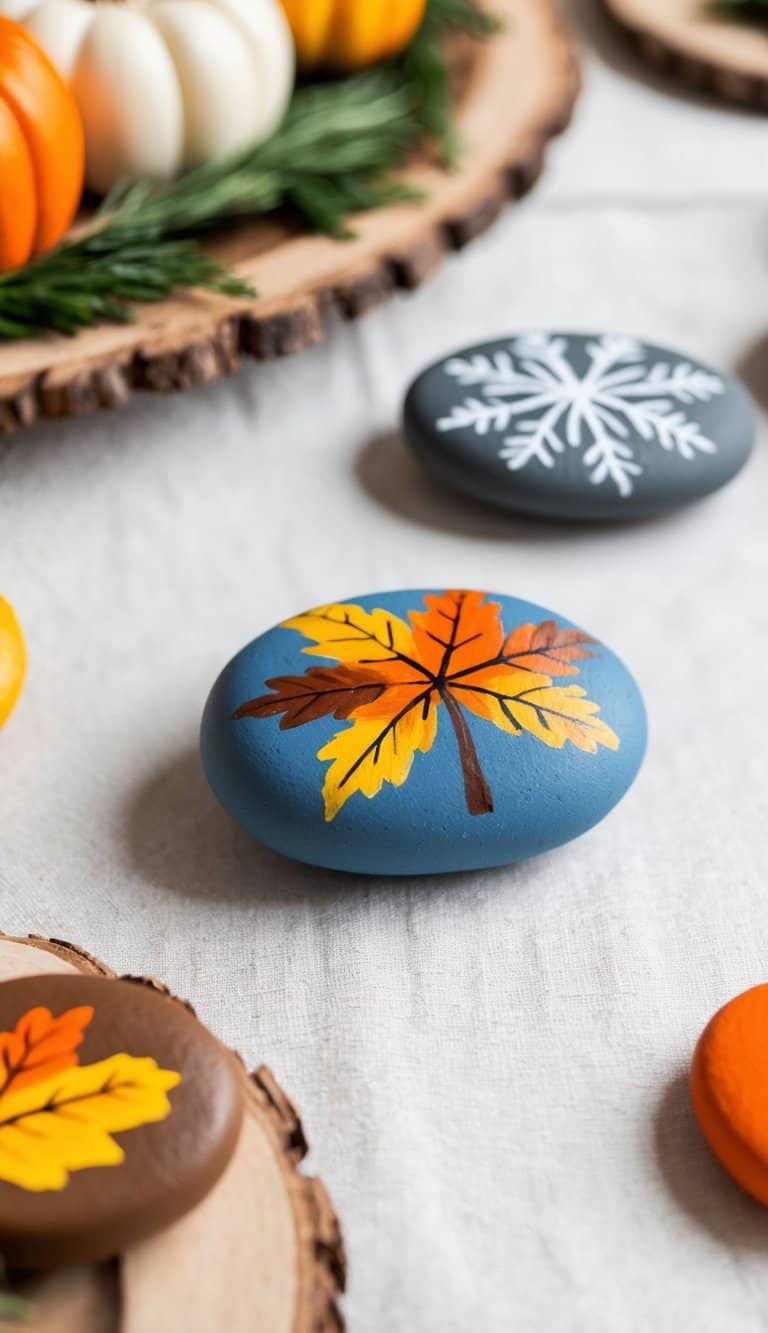 A festive family dinner table adorned with painted Thanksgiving rocks and decor
