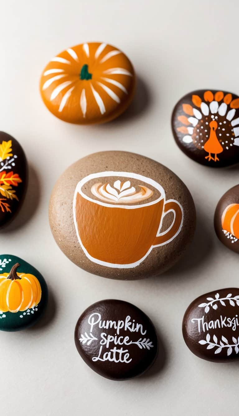 A pumpkin spice latte stone surrounded by painted rocks depicting Thanksgiving themes