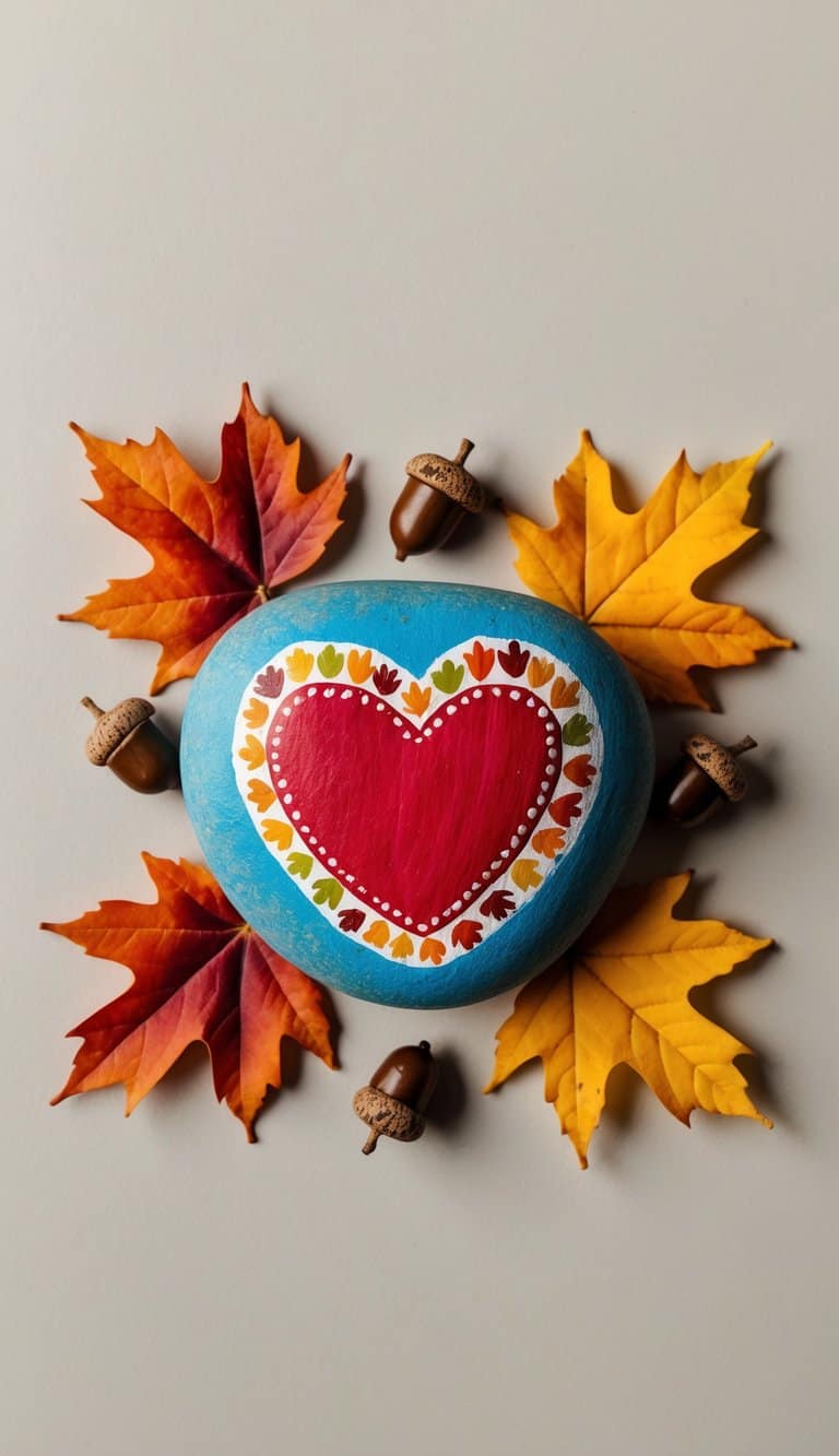 A colorful rock with a heart design surrounded by autumn leaves and acorns, symbolizing gratitude and Thanksgiving
