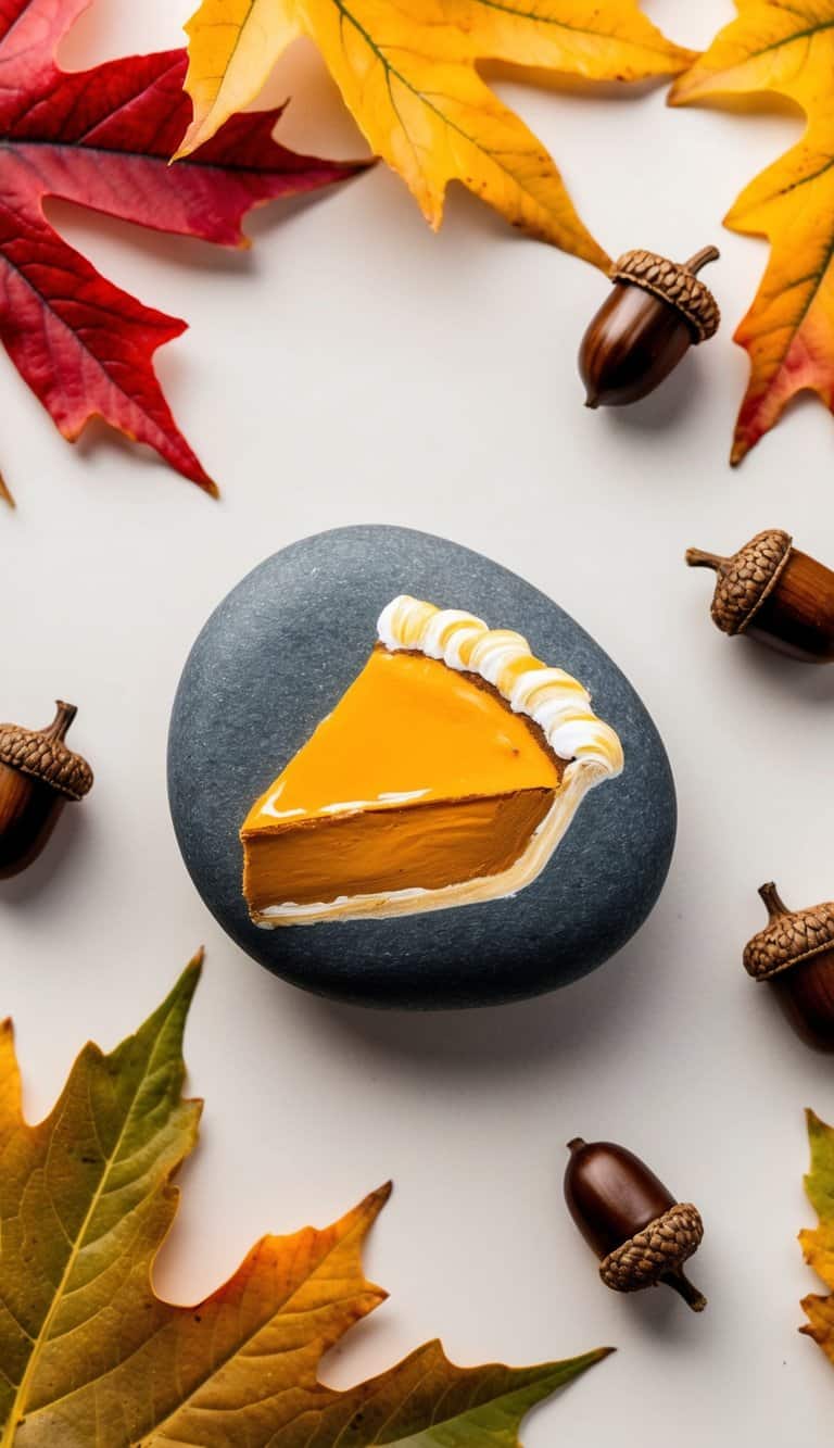 A slice of pumpkin pie painted on a smooth rock, surrounded by autumn leaves and acorns