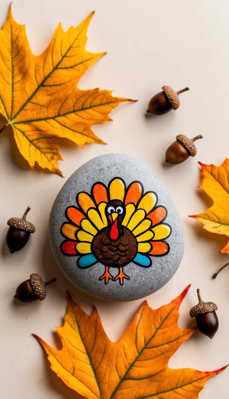 A colorful turkey painted on a rock surrounded by fall leaves and acorns