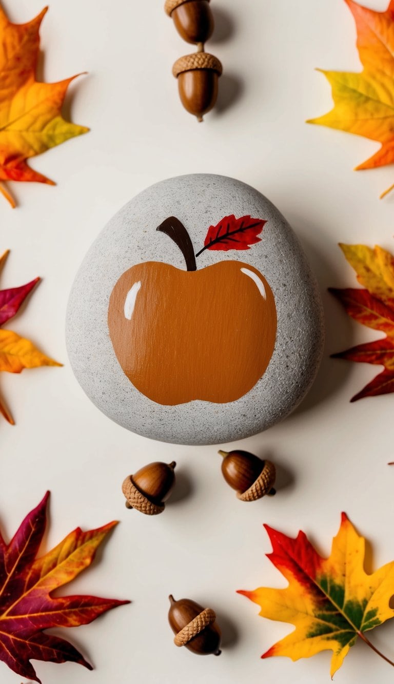A caramel apple painted stone surrounded by autumn leaves and acorns, with a backdrop of a Thanksgiving-themed setting