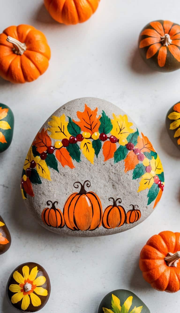 A colorful garland of autumn leaves and pumpkins adorns a weathered stone, surrounded by scattered painted rocks with Thanksgiving themes