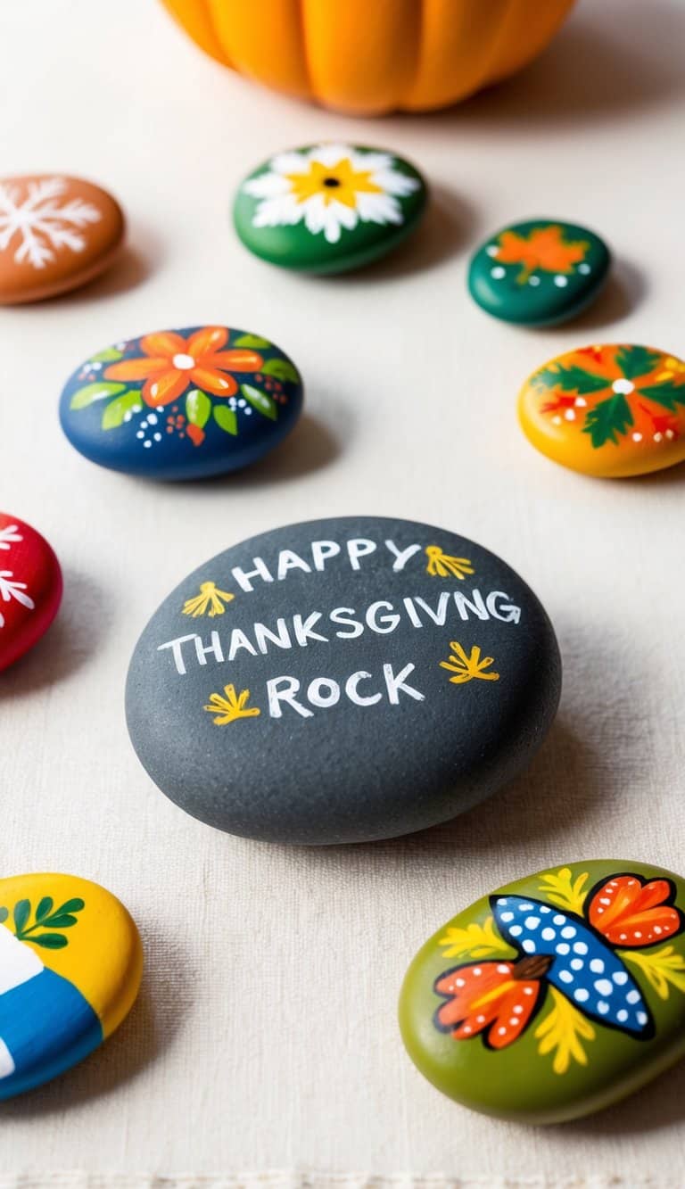 A festive Thanksgiving table set with painted rocks depicting various holiday themes and symbols