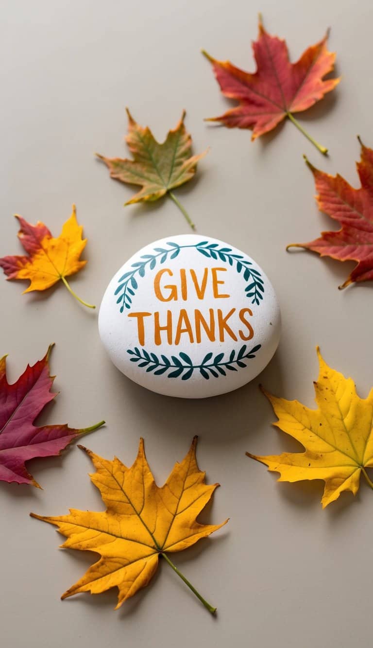 Leaves falling around a painted rock with a "Give Thanks" design, surrounded by autumn colors and symbols of Thanksgiving