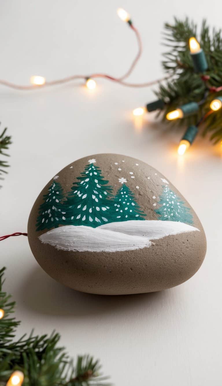 A cozy winter scene with holiday lights glowing on painted rocks