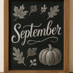 A framed chalkboard drawing with the word "September" in cursive, surrounded by sketches of autumn leaves and a pumpkin, resting on a wooden surface.
