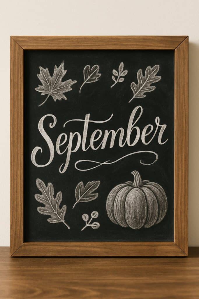 A framed chalkboard drawing with the word "September" in cursive, surrounded by sketches of autumn leaves and a pumpkin, resting on a wooden surface.