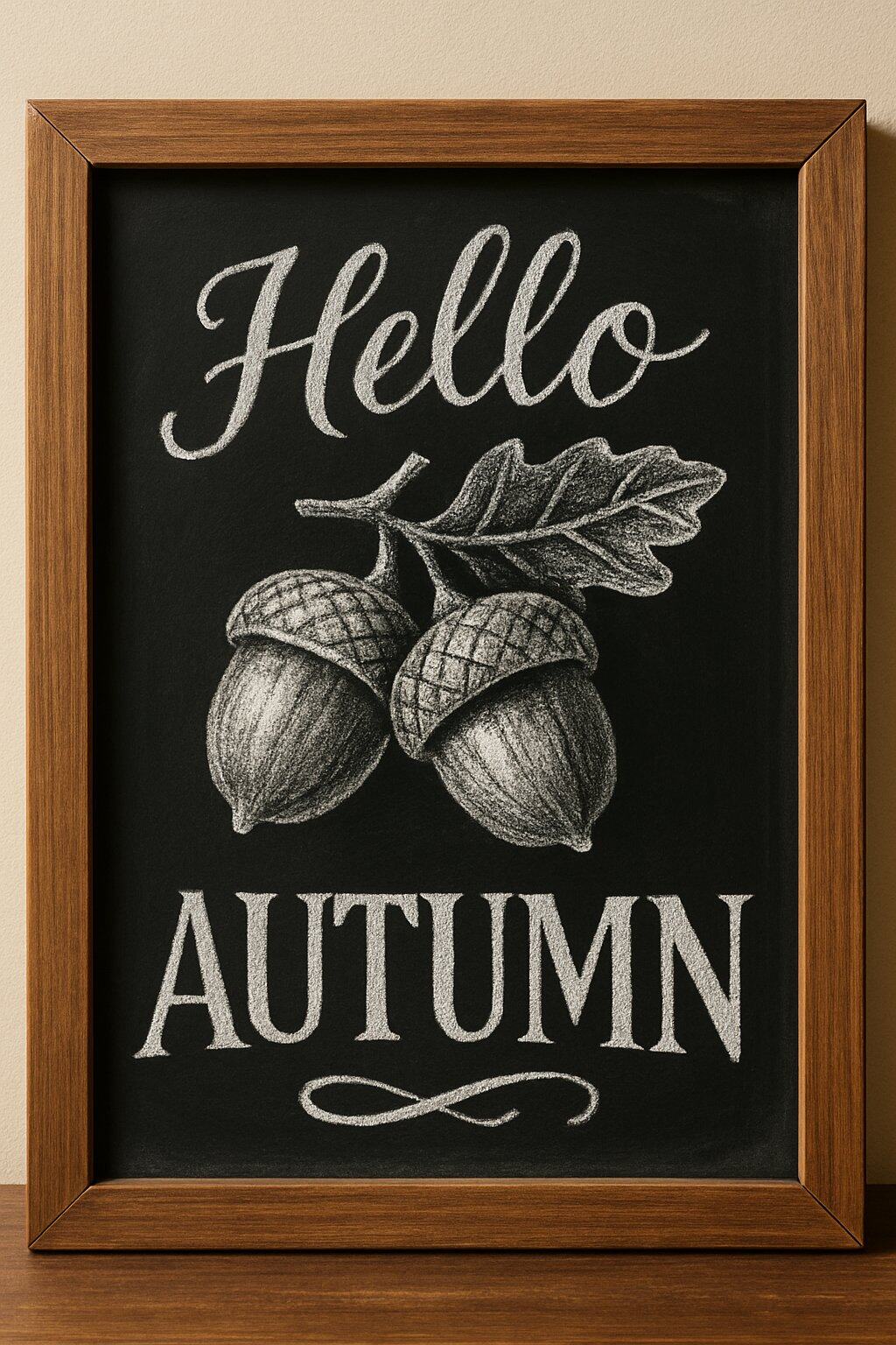 A wood-framed chalkboard sign displaying a detailed chalk drawing of acorns with artistic lettering around it.