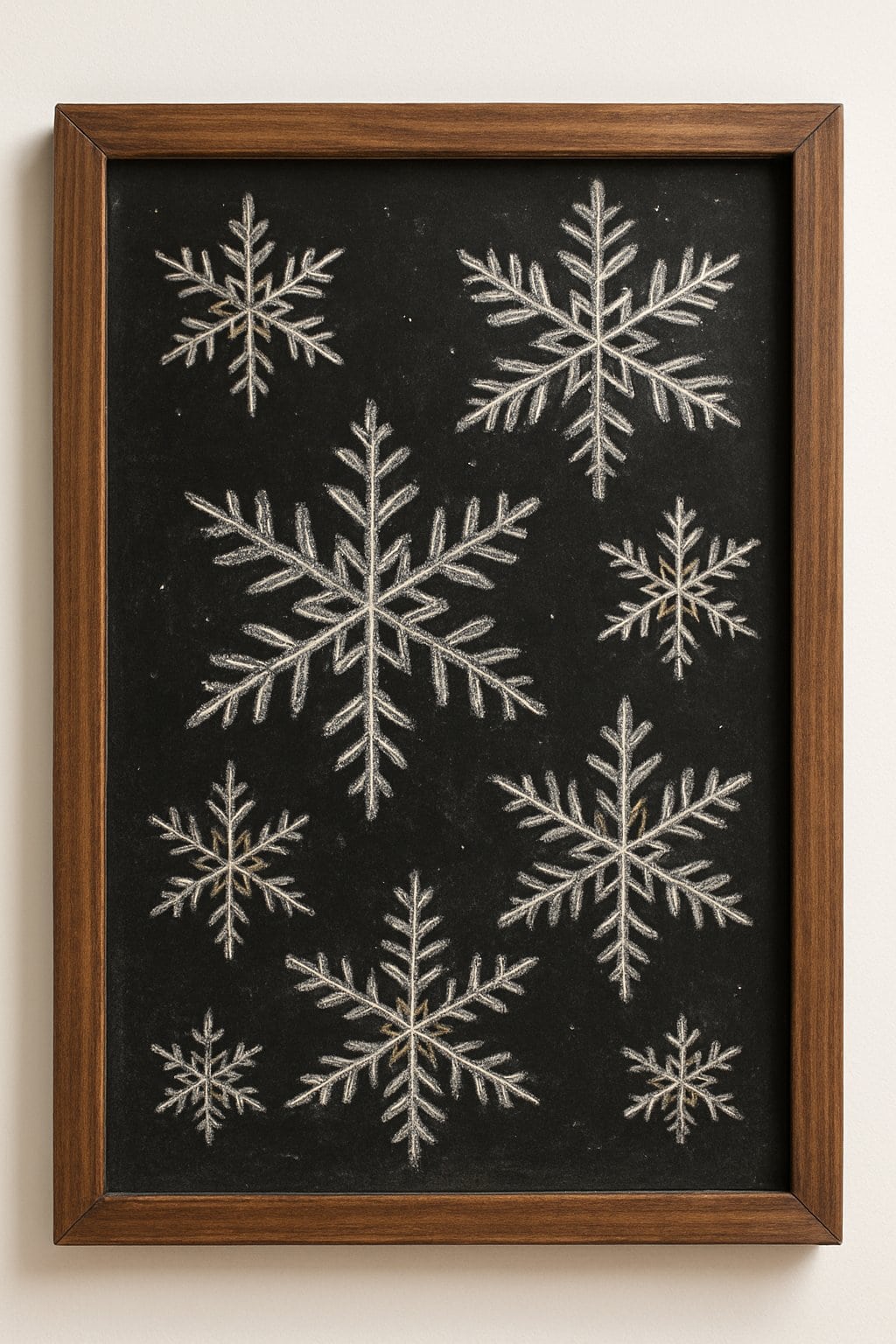 A wood framed chalkboard displaying detailed snowflake drawings of different sizes and shapes on a clean background.
