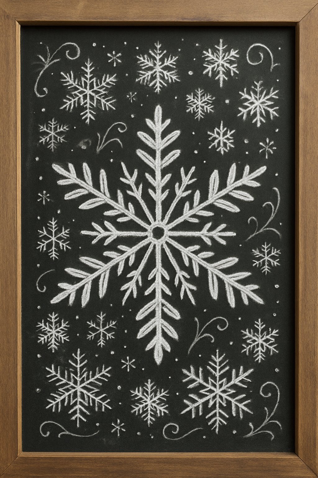 A wood framed chalkboard with a large snowflake in the center surrounded by many smaller snowflakes on a clean dark background.