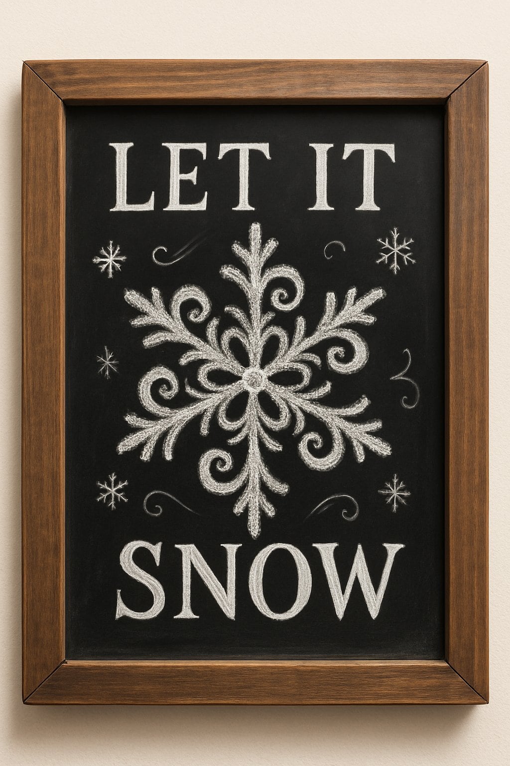 A wood framed chalkboard displaying a large spiral-armed snowflake drawn in white chalk with smaller snowflake designs around it.
