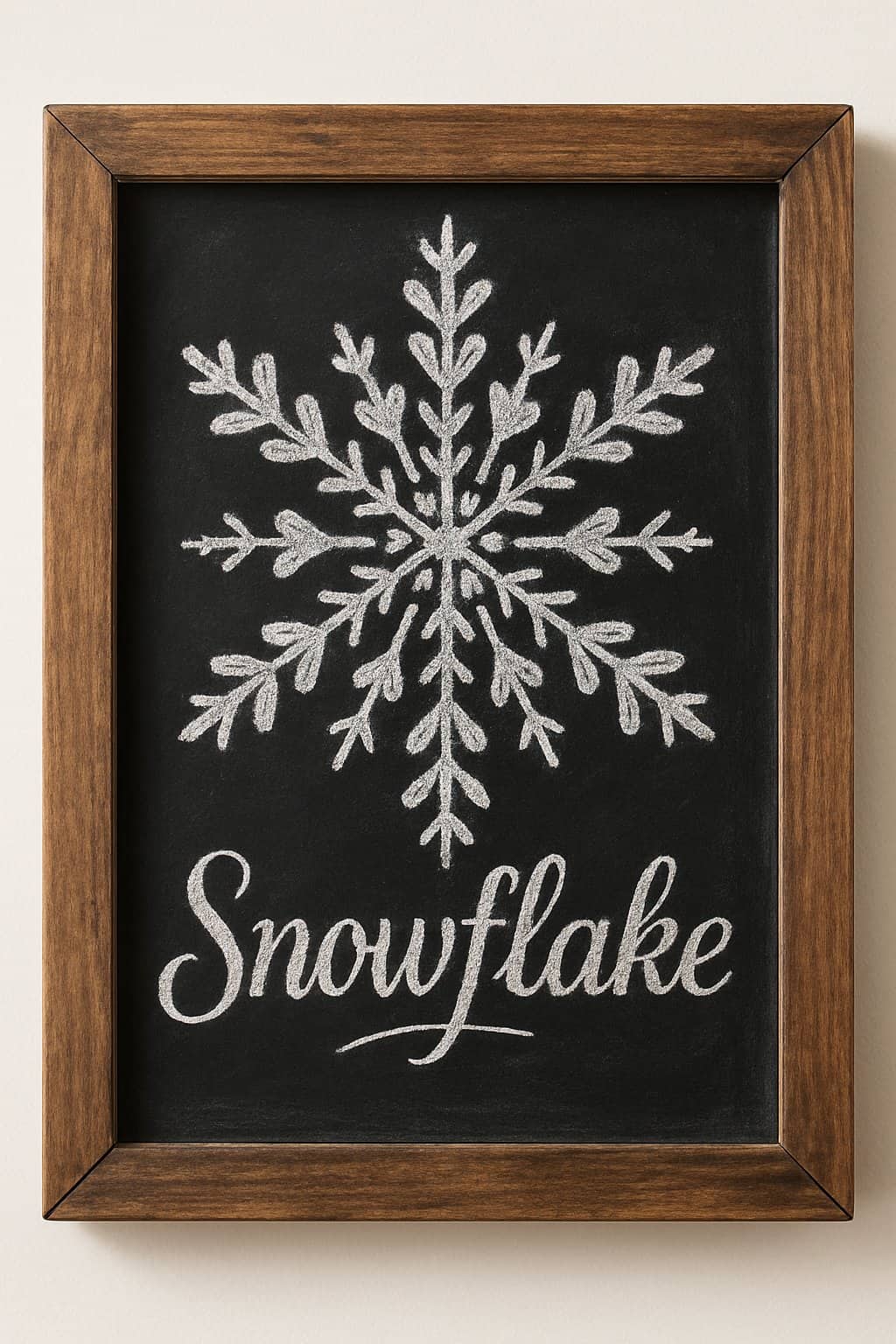 A wood framed chalkboard displaying a detailed snowflake made of tiny heart shapes on a clean background.