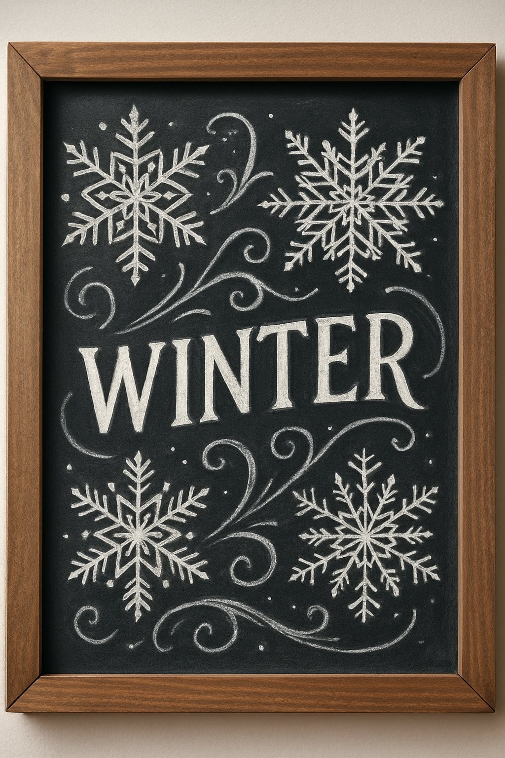 A wood-framed chalkboard sign with detailed snowflakes and swirling wind designs.
