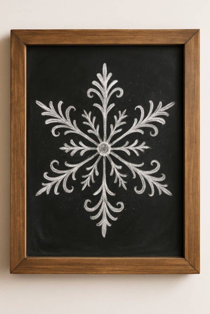 A framed blackboard displays an ornate, symmetrical white chalk drawing of a snowflake with decorative, leafy patterns extending from the center.