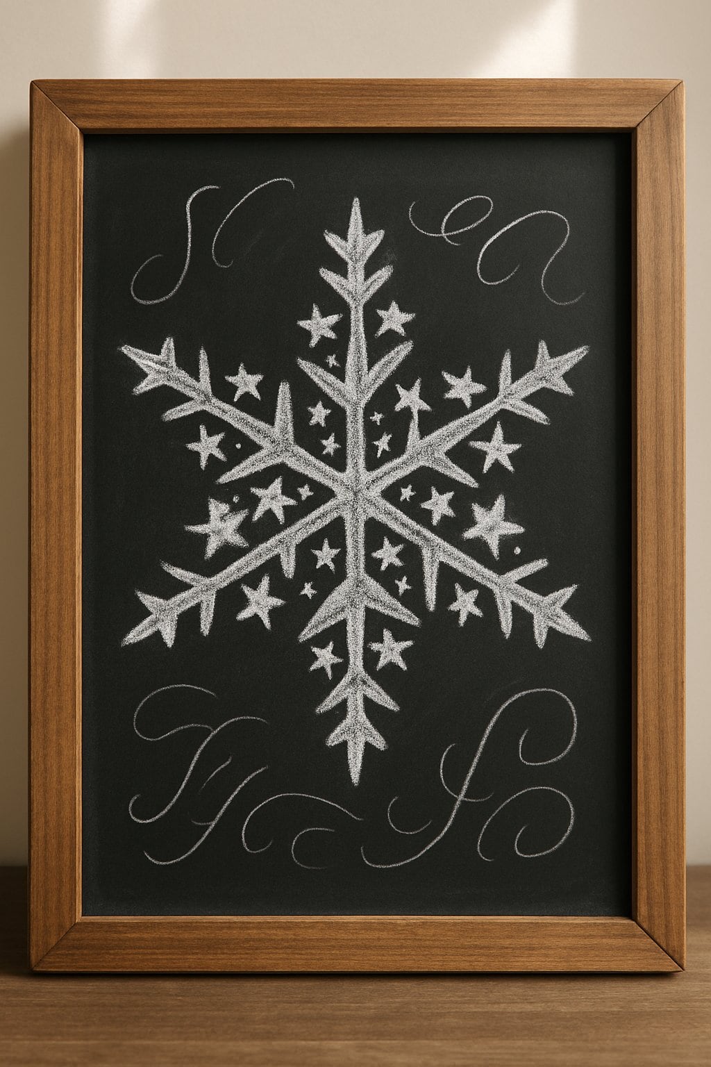 A wood framed chalkboard sign displaying a large snowflake made of star shapes on a dark background.