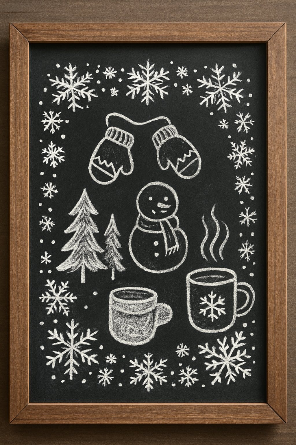 A wood framed chalkboard with a snowflake border surrounding winter-themed drawings including pine trees, mittens, snowmen, and mugs.