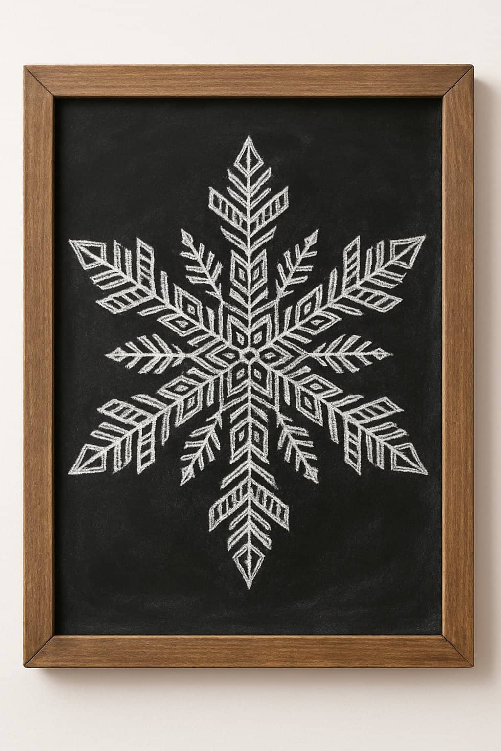 A wood framed chalkboard displaying a detailed snowflake design with geometric patterns.