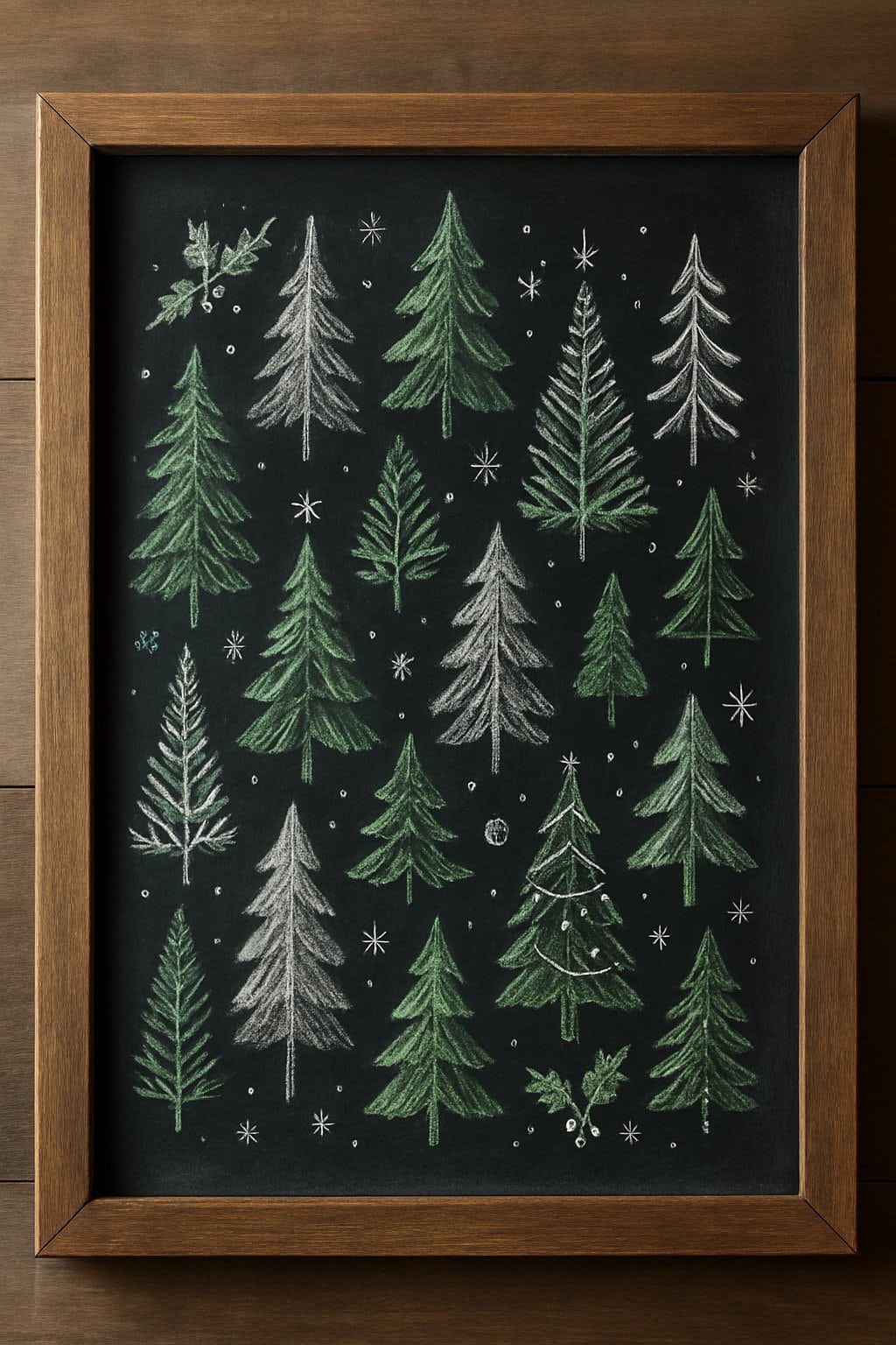 A wood framed chalkboard showing a festive arrangement of various Christmas trees with holiday decorations.
