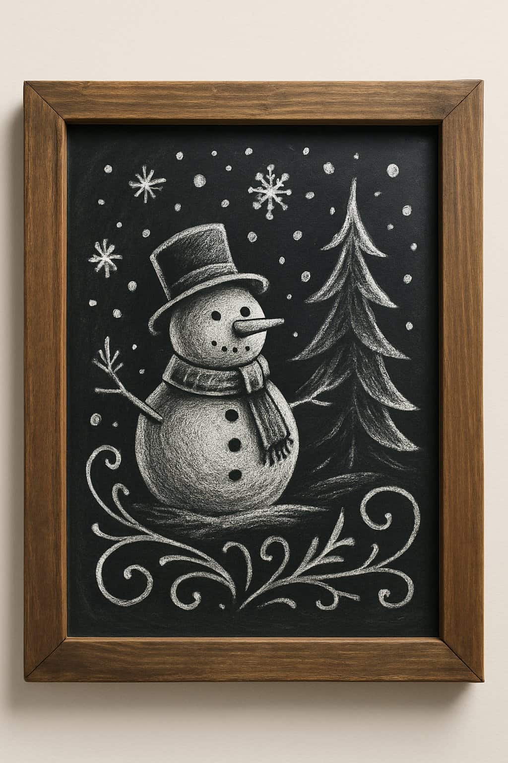 A chalkboard sign with a snowman, snowflakes, and a Christmas tree drawn on it, framed in wood.