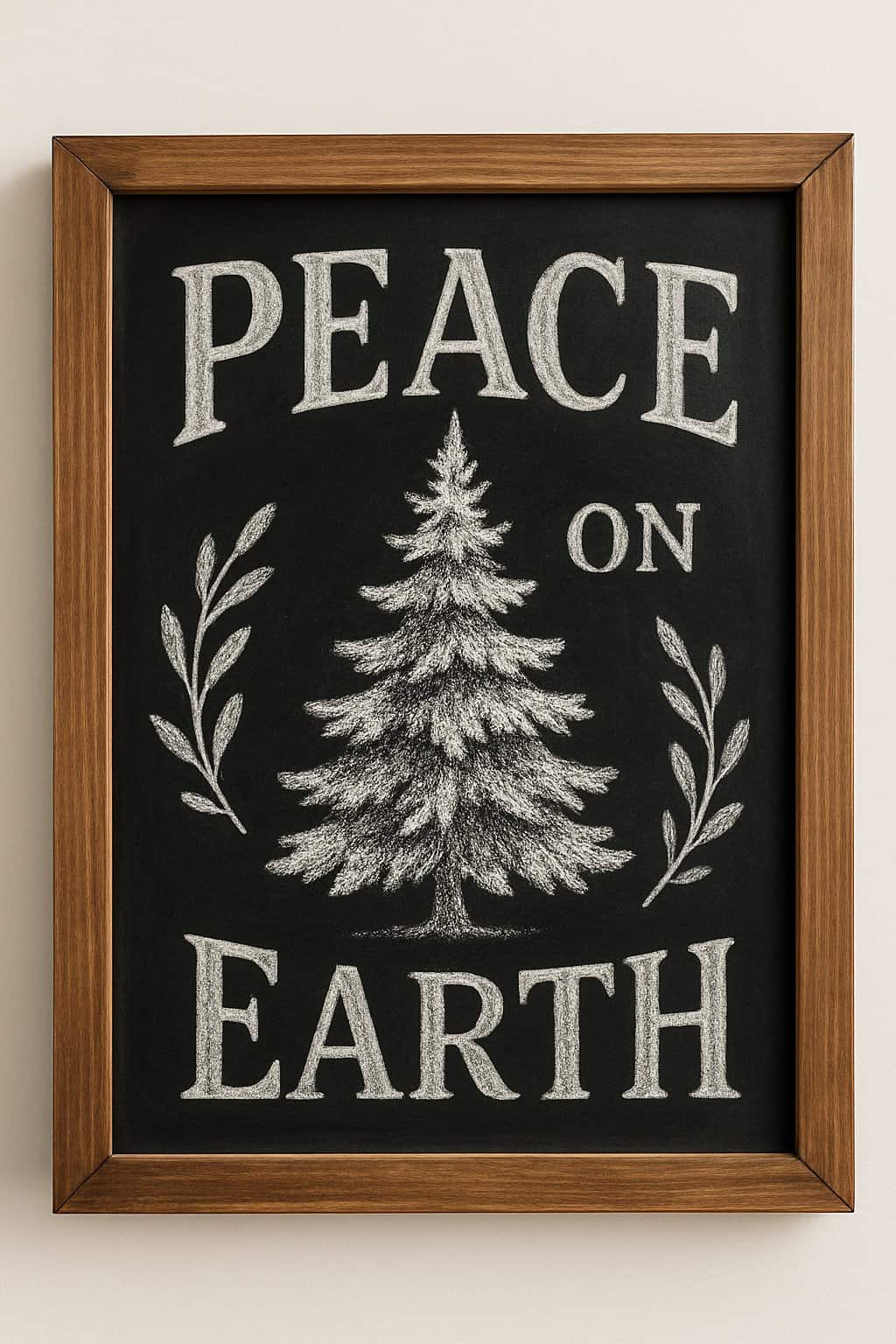 A wood framed chalkboard with a Christmas tree silhouette and artistic lettering on a clean background.