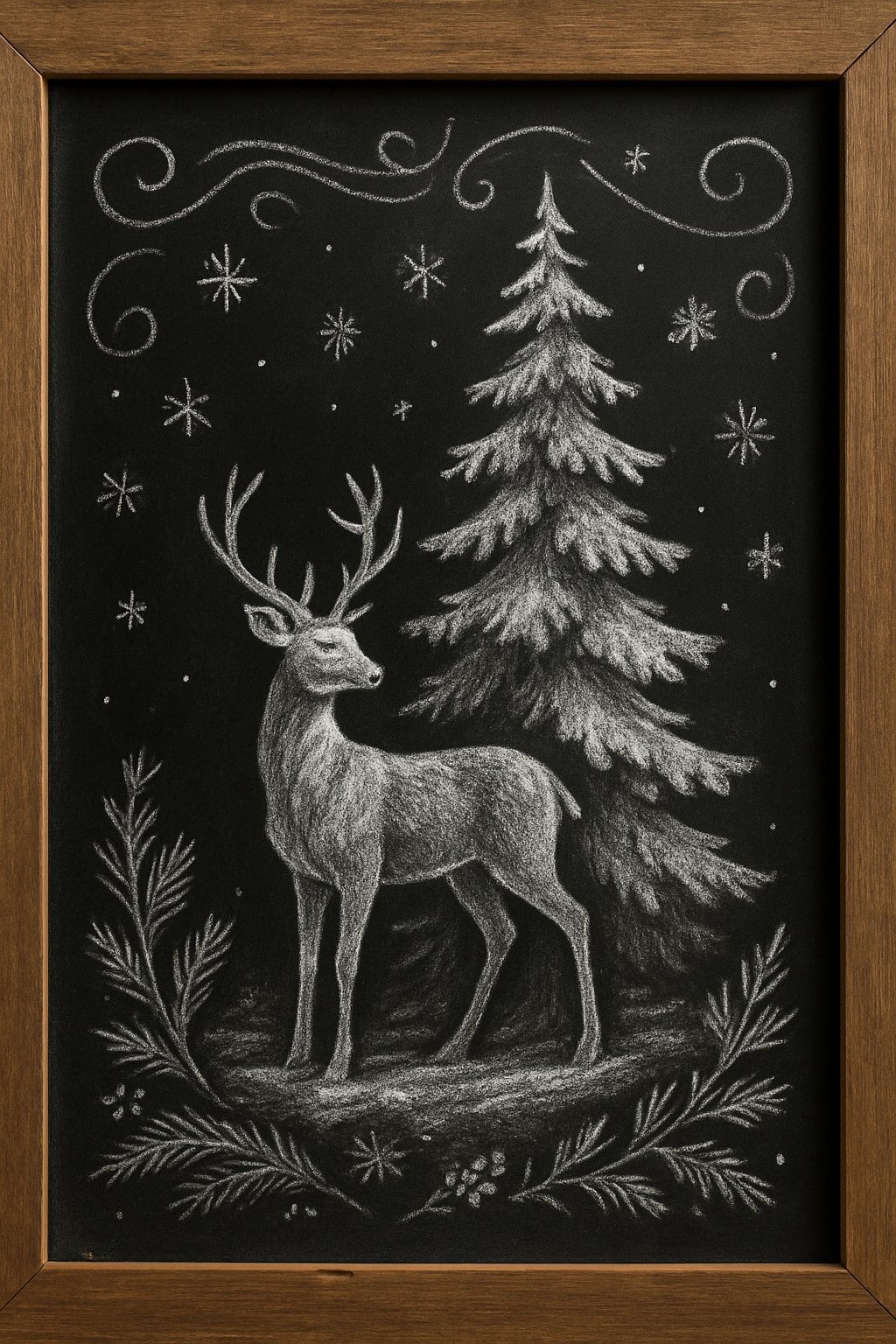 A winter scene showing a deer standing beside a snow-covered tree on a dark chalkboard background.