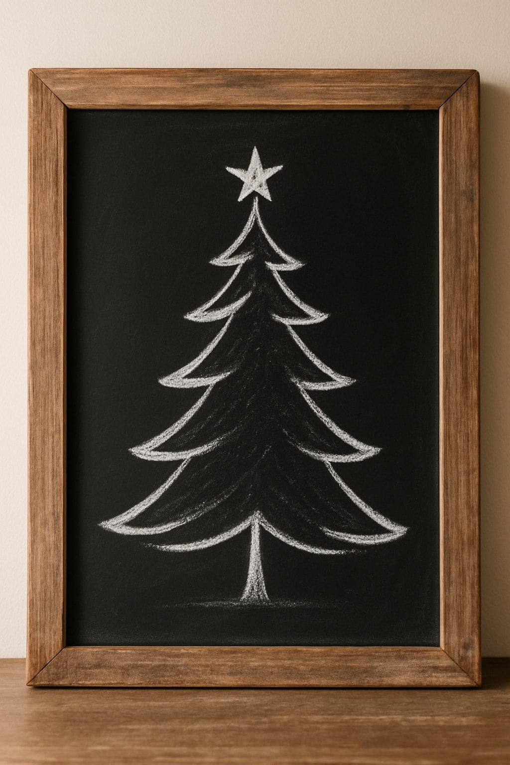 A wood framed chalkboard displaying a simple line drawing of a Christmas tree made with white chalk.