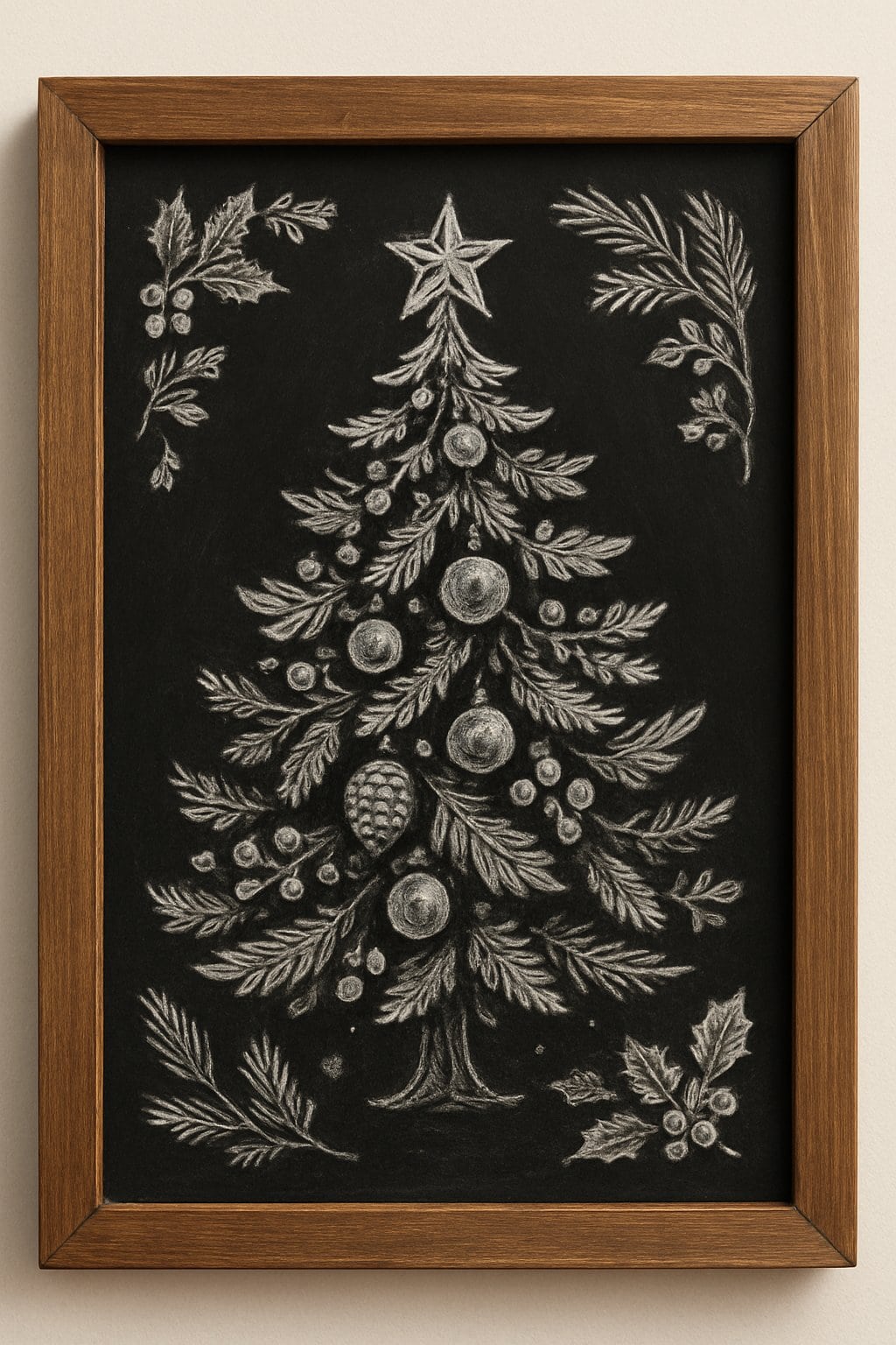 A wood framed chalkboard featuring a detailed chalk drawing of a Christmas tree decorated with seasonal elements.
