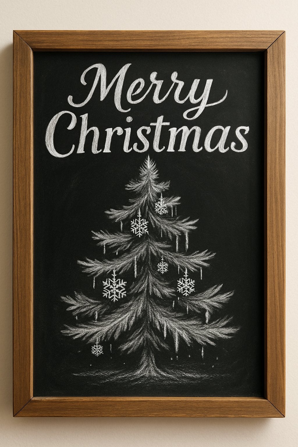 A chalkboard sign with a wood frame showing a Christmas tree decorated with snowflake ornaments and icicles.