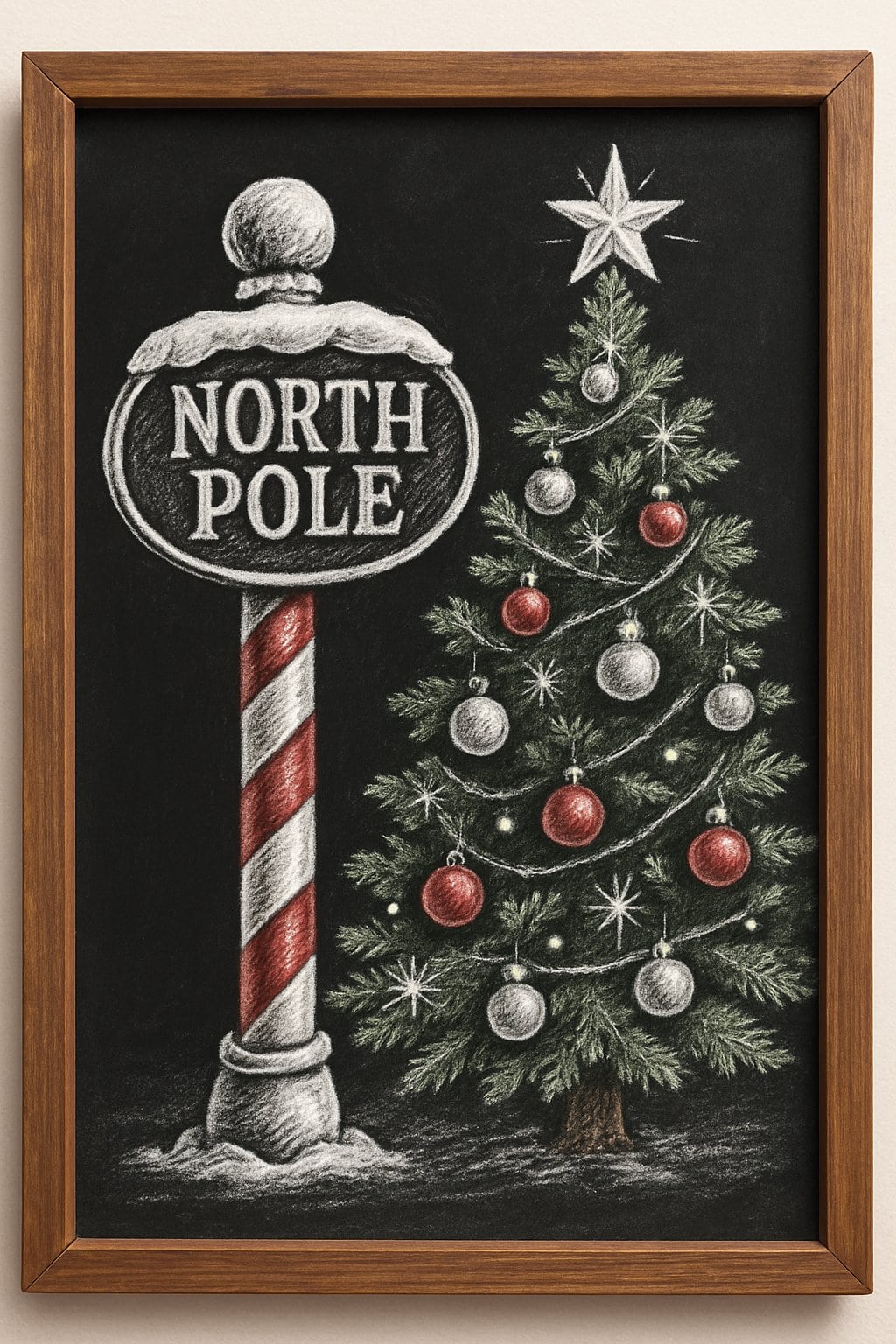 A wooden framed chalkboard sign next to a decorated Christmas tree with a North Pole signpost beside it.