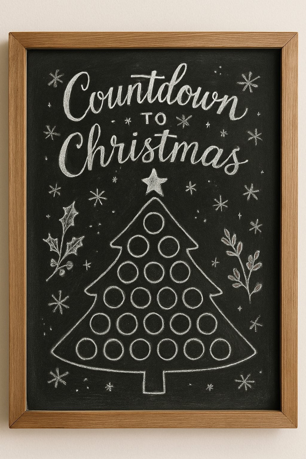 A wood-framed chalkboard displaying a Christmas tree countdown calendar with numbered sections and seasonal decorations on a clean background.
