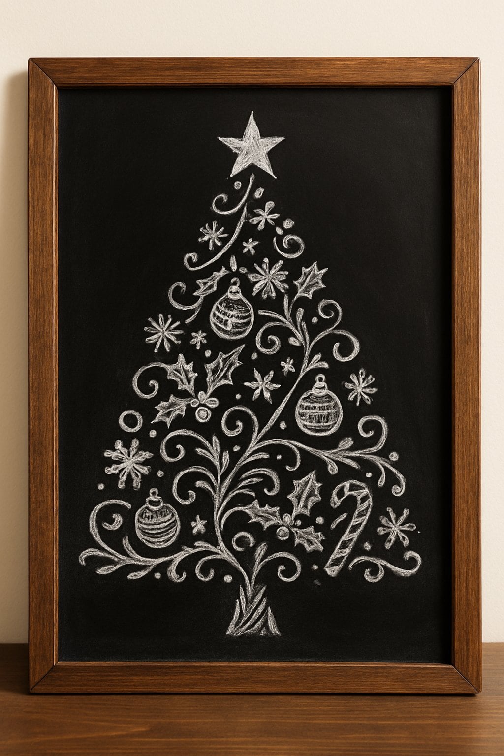 A wood framed chalkboard with a Christmas tree made of white chalk doodles including snowflakes, ornaments, and stars on a black background.
