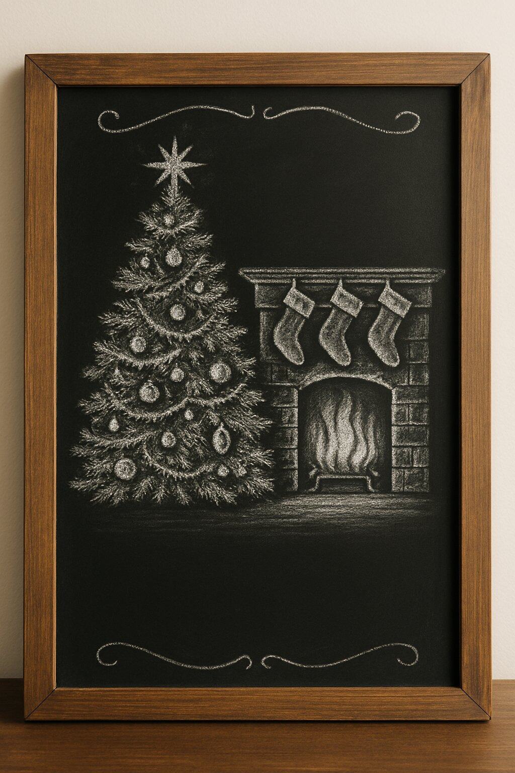 A chalkboard drawing of a Christmas tree next to a fireplace with stockings hanging from the mantel.