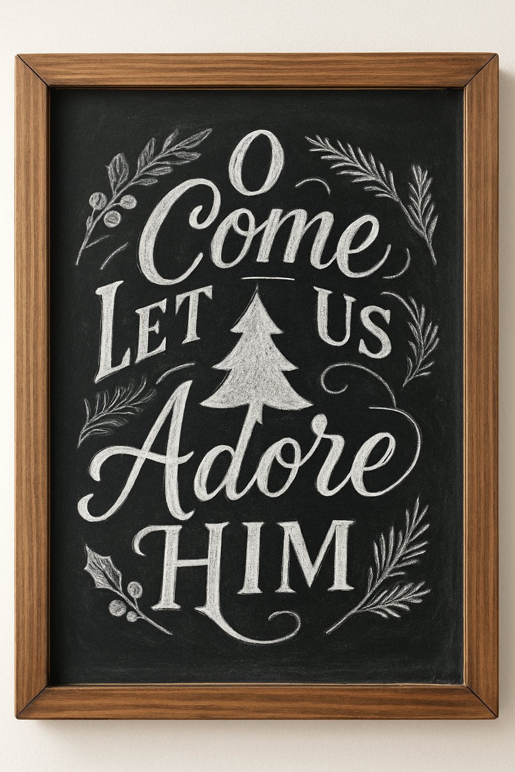 A wooden framed chalkboard with artistic lettering arranged around a Christmas tree shape, surrounded by subtle festive decorations on a clean background.